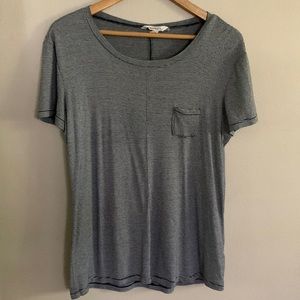 Athleta Navy Blue and White Striped Pocket Stretch Short Sleeve T-Shirt